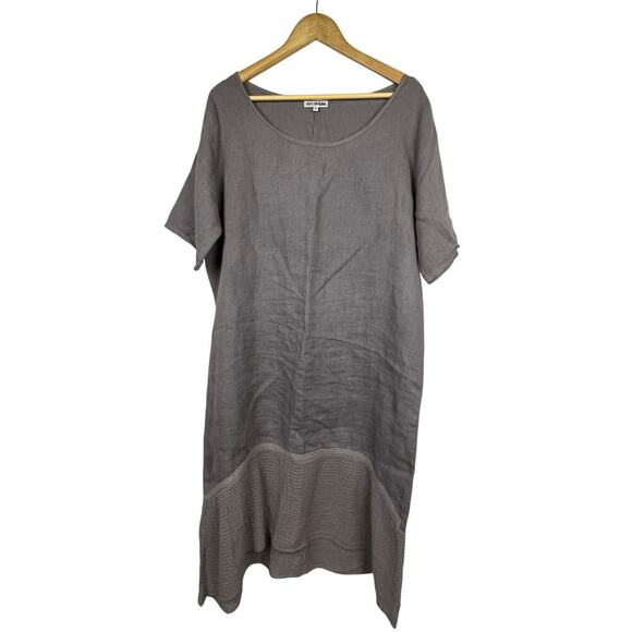 100% Lin Blanc Women's‎ Size 46 Grayish Taupe Linen Shift Midi Dress Lagenlook L - Picture 1 of 6